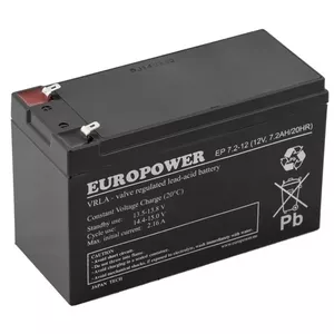 EUROPOWER EP Series AGM Akumulators 12V 7.2Ah ar 6-9 gadu kalpošanas laiku