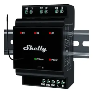 Smart relay Shelly Wave PRO 3 — black, plastic housing, 110–240 V AC, 50–60 Hz, 0.3 W, 53×59×96 mm