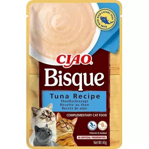 Mitrs kaķu gardums INABA Ciao Bisque Tuna 40 g — vienreizēja šķidruma maisiņš, 86% mitrums, 8% olbaltumvielas