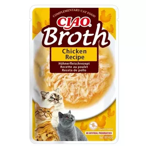 Mitras kaķu uzkodas INABA Ciao Broth Chicken 40 g maisiņā — gaļīgas, šķidras, bez graudiem, bez glutēna un sojas