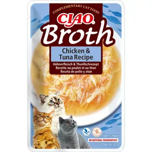 Mitrs kaķu kārums INABA Ciao Broth Chicken & Tuna 40 g — gaļīgs šķidrs našķis maisiņā, olbaltums 9.4%, mitrums 88%