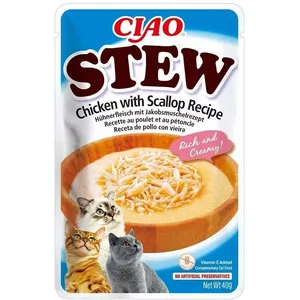 Влажные лакомства для кошек INABA Ciao Stew Курица и Гребешок 40 г — без зерна, для взрослых, мясные