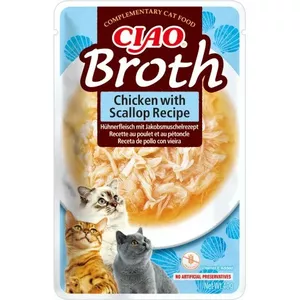 Влажное лакомство для кошек INABA Ciao Broth Chicken & Scallop 40 г, жидкое мясное в саше, 88% влаги, 9.4% белка
