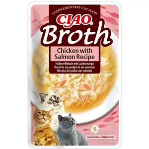 Влажное лакомство для кошек INABA Ciao Broth Chicken & Salmon 40 г — жидкая пауч-порция, влажность 88%, белок 9,4%