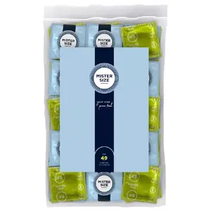 Condoms mister size 49 mm nominal width, natural rubber latex, lubricated, teat-ended, pack of 100