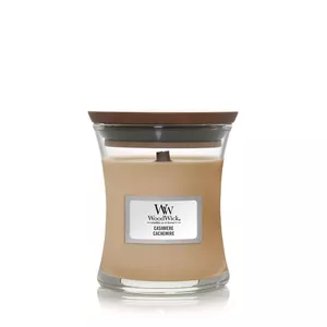 WoodWick Cashmere cilindriska vaska svece ar kazenēm, ciedru, ingveru un sandalkoku aromatizētiem notīm