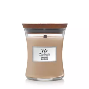 WoodWick Cashmere cilindriska vaska svece stikla traukā ar kazenes, ciedra un sandalkoka aromātu