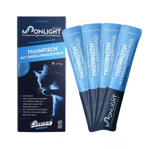 Mitrs kaķu kārums MOONLIGHT Moonlight Dinner Krem — tuncis un gliemežvākši pasta 4 x 15 g (60 g), mitrums 82,66%, olbaltumvielas 6,84%