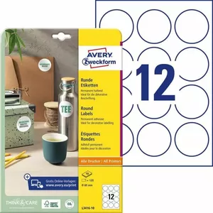 Paper round labels Avery Zweckform L3416-10, A4 sheets, 60 mm diameter, white, 10 sheets