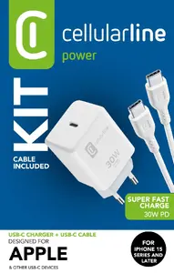 CellularLine ACHIPHKITC2CPD30WW USB-C Charger Kit Indoor AC 30W Power Delivery Universal Laptop and Smartphone White with 1m Cable