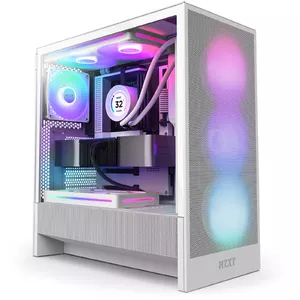 PC Case NZXT H5 Flow RGB Midi Tower White — supports ATX/E-ATX/Micro-ATX, 3x120 mm front fans, 2.5"+3.5" bays, tempered glass