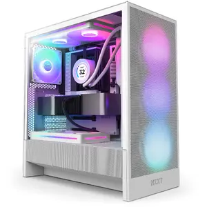 NZXT H5 Flow RGB Midi Tower White PC Case with Tempered Glass Window, E-ATX Motherboard Support, and Pre-installed 120mm Fans