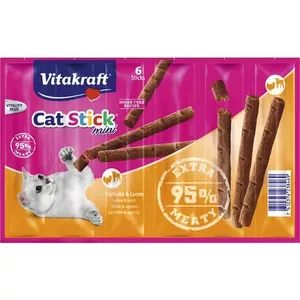 Sausās kaķu nūjiņas Vitakraft 36 g — jērs un tītars, olbaltumvielas 33.5%, tauki 20%, kalcijs 10%
