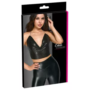 Bezroku metālisks crop top Cottelli Collection 24505421001 — melnas metāla plāksnītes, halteru ķēde