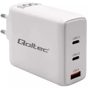 Зарядное устройство QOLTEC 100W GaN USB-C Dual PD 5–20В 1.5–5А, 2×USB-C