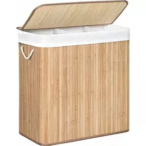 Songmics LCB091N01 Rectangular Laundry Basket with 3 Compartments, Bamboo and Cotton