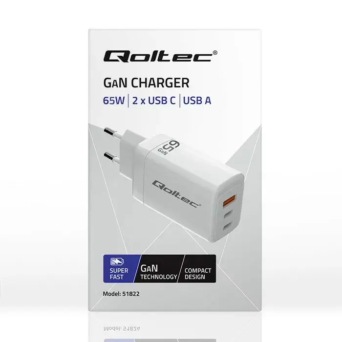 GaN lādētājs QOLTEC 51822 65W 2×USB A 2×USB‑C Photo 3