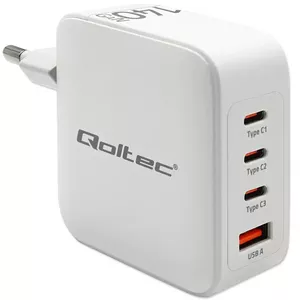 Зарядное устройство QOLTEC 51828 140W GaN 3×USB‑C PD + 1×USB‑A QC 3.0 – многопортовое быстрое зарядное
