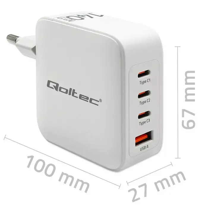 Зарядное QOLTEC 51828 140W GaN 3×USB‑C + 1×USB‑A Photo 2