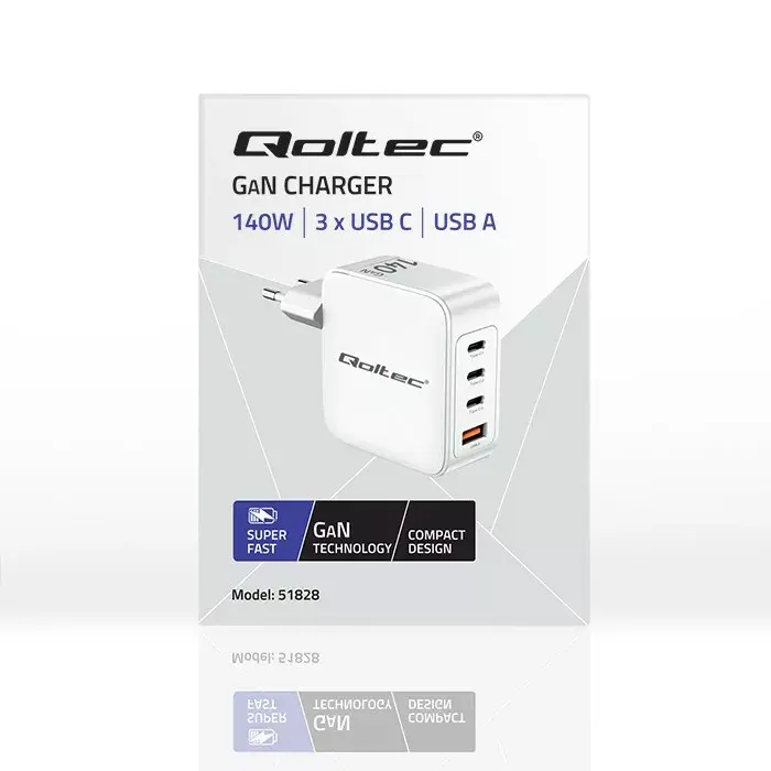 Зарядное QOLTEC 51828 140W GaN 3×USB‑C + 1×USB‑A Photo 3