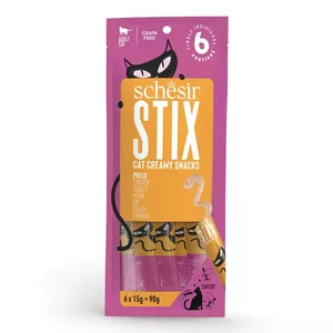 Cat meaty treats Agras Pet Foods Schesir Stix Creamy Snacks 6×15g — chicken, grain-free, gluten-free, for adult cats, 90 g