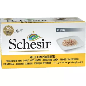 Mitrā barība suņiem Agras Pet Foods Schesir Vistas gaļa ar šķiņķi želejā, 4 x 85 g, mitrums 83%, proteīns 12%