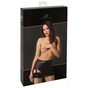 Svārciņi ar zeķturi Noir Orgia S Black — powerwetlook mini svārki ar pielīmētu mežģīņu zeķturi, 76% poliesters 24% spandekss