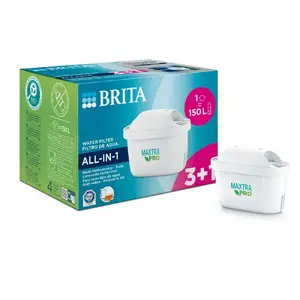 BRITA ūdens filtra kasete ALL‑IN‑1 MXPRO 3+1 4 gab. — ietilpība 150 l, 50% bioplastmasas korpuss, jonu apmaiņa un mikroogle