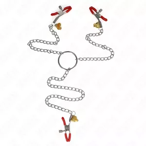 Зажимы для сосков и клитора KINK NIPPLE GRIP BELL Тройные с красной цепочкой 30 см