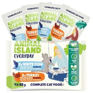 Влажный корм для кошек animal island Everyday с индейкой и филе белой рыбы в бульоне 4×85 г