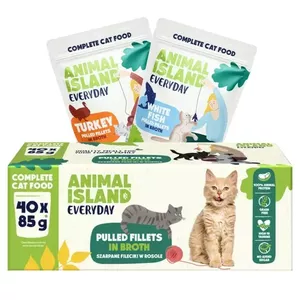 Влажный корм для кошек animal island Everyday с филе индейки и белой рыбы в бульоне, 40 x 85 г, взрослым, без зерна, саше
