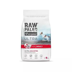 Сухой корм для собак VETEXPERT RAW PALEO Ultra Mini Adult Говядина 8 кг — полнорационный корм для взрослых мини-пород, без злаков, без глютена, 28,5% белка