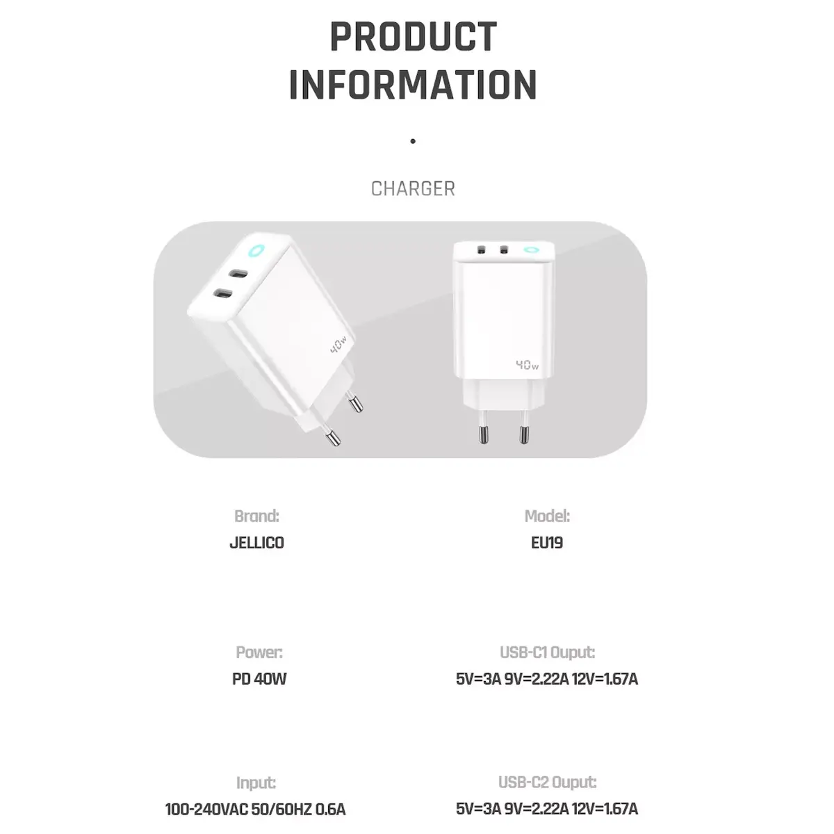 Зарядное Jellico EU19 GaN 40W PD 2x USB‑C Photo 3