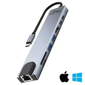 Док-станция MEDIA-TECH MT5046 8‑в‑1 USB‑C — 1×RJ‑45 (до 10 Гбит/с), HDMI, слот SD, 1×USB‑A 3.0, 1×USB‑A 2.0, PD 100 Вт, алюминий