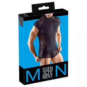 Мужская повседневная рубашка Svenjoyment M 21618001711 короткий рукав хлопковая смесь чёрная со вставками-полосками размер M