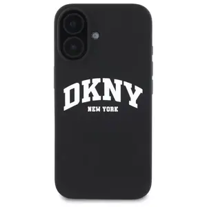 Silikona aizsargvāciņš iPhone 16 6.1" – DKNY DKHMP16SSNYACH, melns ar drukātu logotipu, saderīgs ar MagSafe