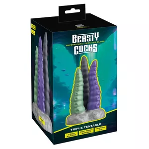Dildo Beasty Cocks Triple Tentacle silicone green — total length 22 cm, insertions 18.5/16.5/14.5 cm, max Ø 4.6 cm