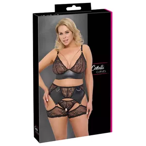 Lingerie set Cottelli Collection 22153811051 black — bra, crotchless briefs, suspender belt (lace, adjustable straps)