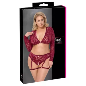Lingerie set Cottelli Collection Briefs and Top XL Red – lace, velvet straps, crotchless high-waist briefs, short long-sleeve crop top