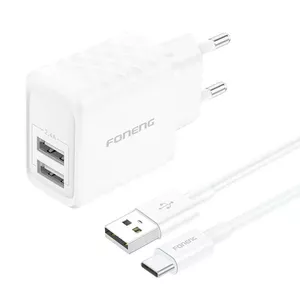 FONENG EU53 Wall Charger, 2x USB-A Ports, 2.4A Output, Includes USB-C Cable, White