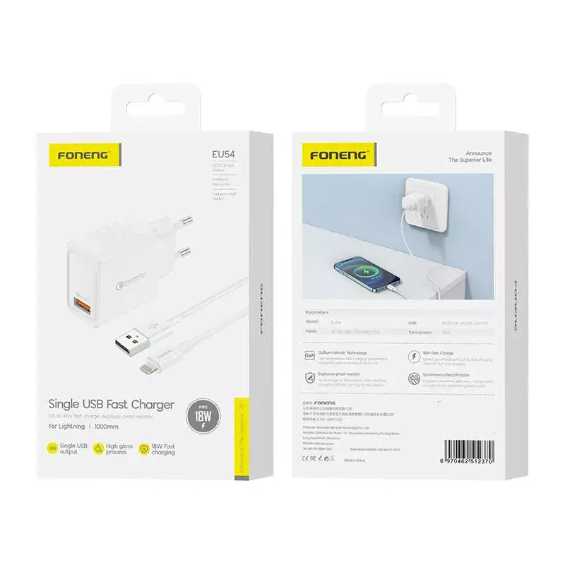 Foneng EU54 Mains Charger USB-A 3A with Lightning Cable Photo 3