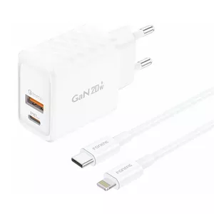 FONENG EU56 sienas lādētājs 20W ar 1xUSB-A un 1xUSB-C pieslēgvietām un USB-A uz Lightning kabeli
