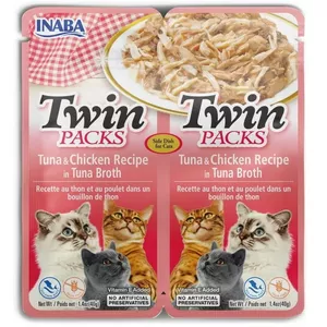 Wet cat treat INABA Twin Tuna with Chicken in Broth, meaty sachets 2×40 g, adult cats, fish flavour