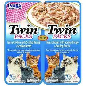Wet cat treat INABA Twin Tuna with Chicken and Scallops in Broth 2x40 g pouch, fish-flavor, 86.5% moisture