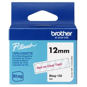 Marķēšanas lente Brother BTAG-132 Sarkans uz caurspīdīga 1.2 cm x 4 m saderīga ar P-touch PT-N10 PT-N20 PT-N25BT