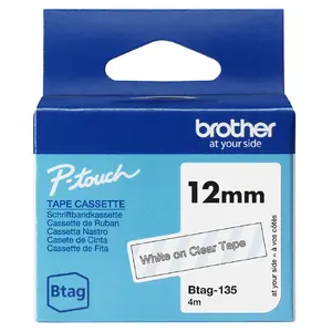 Лента для этикеток Brother BTAG-135 Белый на прозрачном 1,2 см x 4 м Совместима с P-touch PT-N10 PT-N20 PT-N25BT