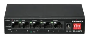 Edimax GS-1105PE Nepārvaldāms gigabitu tīkla komutators ar 5 portiem, 4 PoE portiem, 10 Gbit/s komutācijas jaudu un melnu korpusu