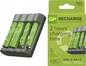 Battery Charger GP B441 USB with 2×AA 2100 mAh and 2×AAA 800 mAh Rechargeable Batteries