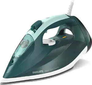 Philips 7000 series DST7031/70 steam iron with 2800 W power, SteamGlide Plus soleplate, 50 g/min continuous steam, 250 g/min steam boost, and 0.3 L water tank in green and mint color