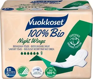 Прокладки Vuokkoset 100% BIO ночные с крылышками 9 шт.